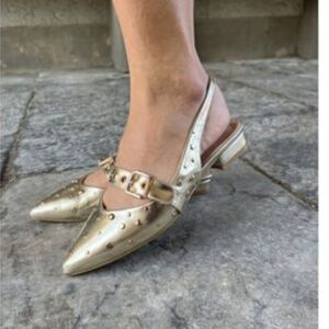 Diba Ballerina Shoe Women 8M Studded Golden Pointed Toe Buckle Strap Ballet Flat
